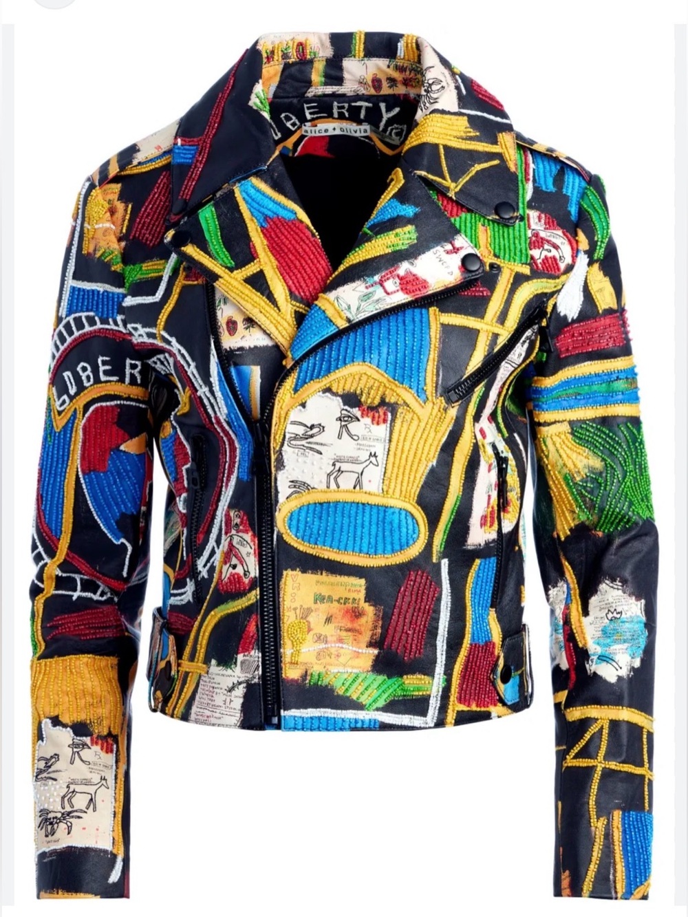 Alice + Olivia X Basquiat Cody Embellished Leather Jacket In Liberty. Size XS